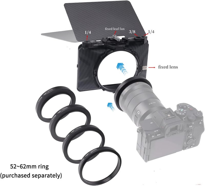 FOEASY Foto4easy 4x4/4x5.65 Lightweight Mini Matte Box with 15mm Rod Support for DSLR Mirrorless Cameras,Compatible with 52mm/55mm/58mm/62mm/67mm/72mm/77mm/82mm Lens - Image 4